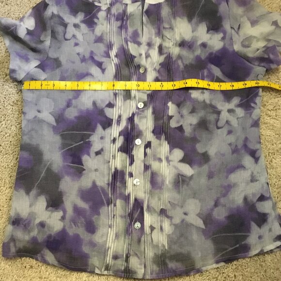 Vintage Y2K Chiffon Floral Watercolour Short Sleeve Button Up Pintuck Shirt - Picture 12 of 16